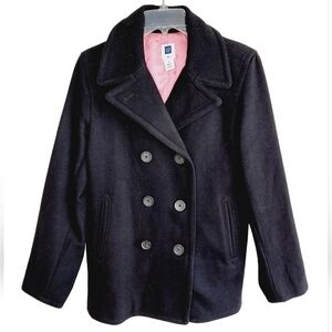 GAP PEACOAT Wool Blend Double Breasted Black with Pink Lining Sz Medium Classic